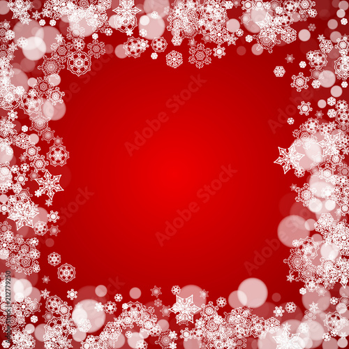 Fototapeta Naklejka Na Ścianę i Meble -  Christmas snowflakes on red background. Frame for seasonal winter banners, gift coupons, vouchers, ads, party events. Santa Claus colors with Christmas snowflakes. Falling snow for holiday celebration
