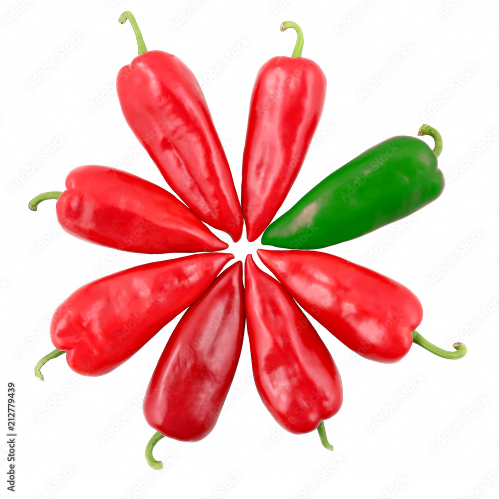 one green and seven red sweet peppers on a white background one green and seven red sweet peppers on a white background
