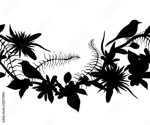 Seamless border with silhouettes of tropical birds, plants and flowers. Exotic flora and fauna. Vector illustration in watercolor style