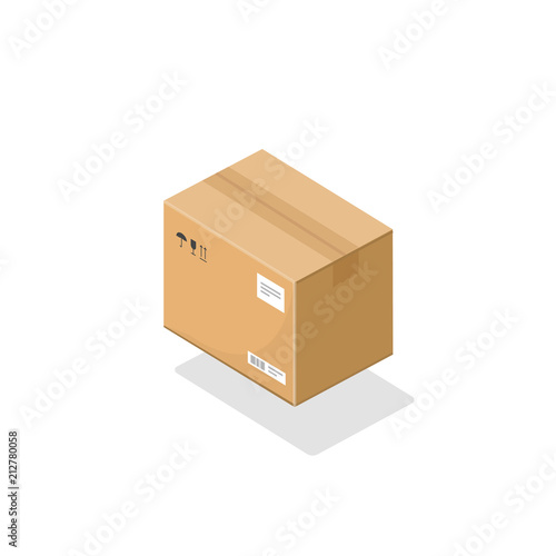 Parcel box isometric vector icon, 3d cartoon cardboard package paper box isolated on white background