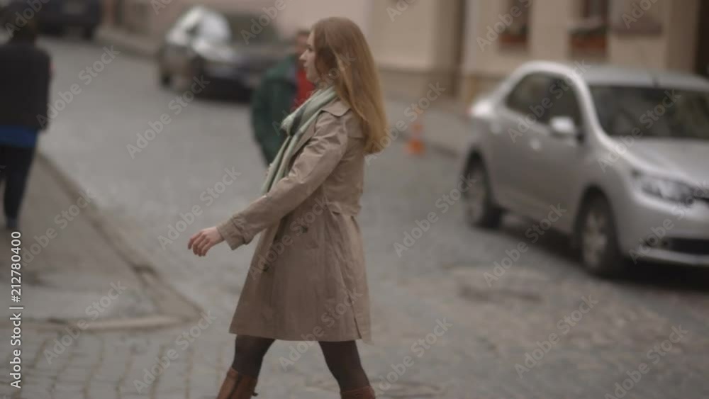 A thin business woman goes to a partner meeting of investors along the street. Back view A thin business woman goes to a partner meeting of investors along the street. Back view