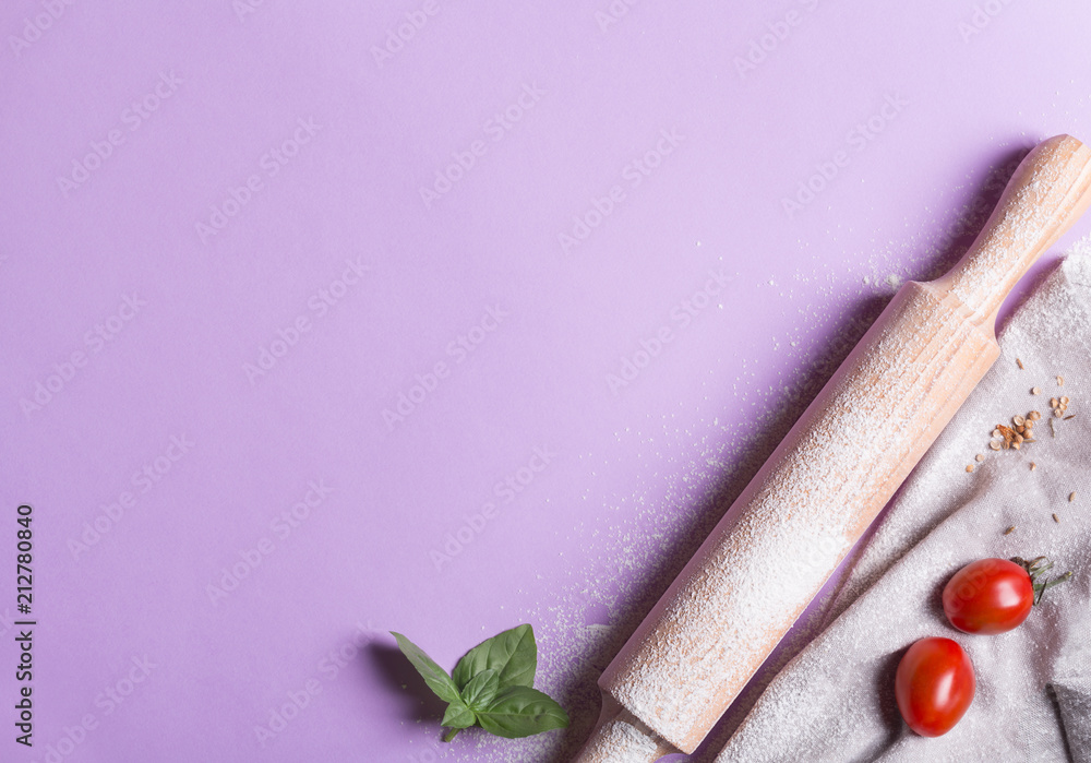 Baking background with copy space on purple surface for your text. Top view, Top view, horizontal orientation Baking background with copy space on purple surface for your text. Top view, Top view, horizontal orientation