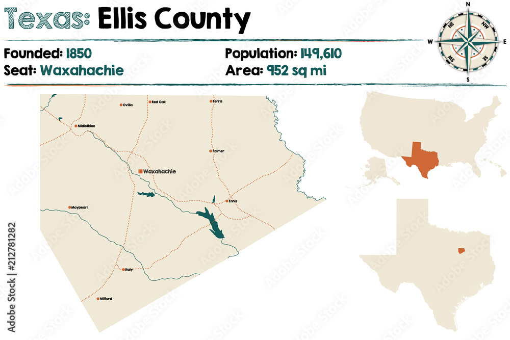 Detailed map of Ellis county in Texas, USA.