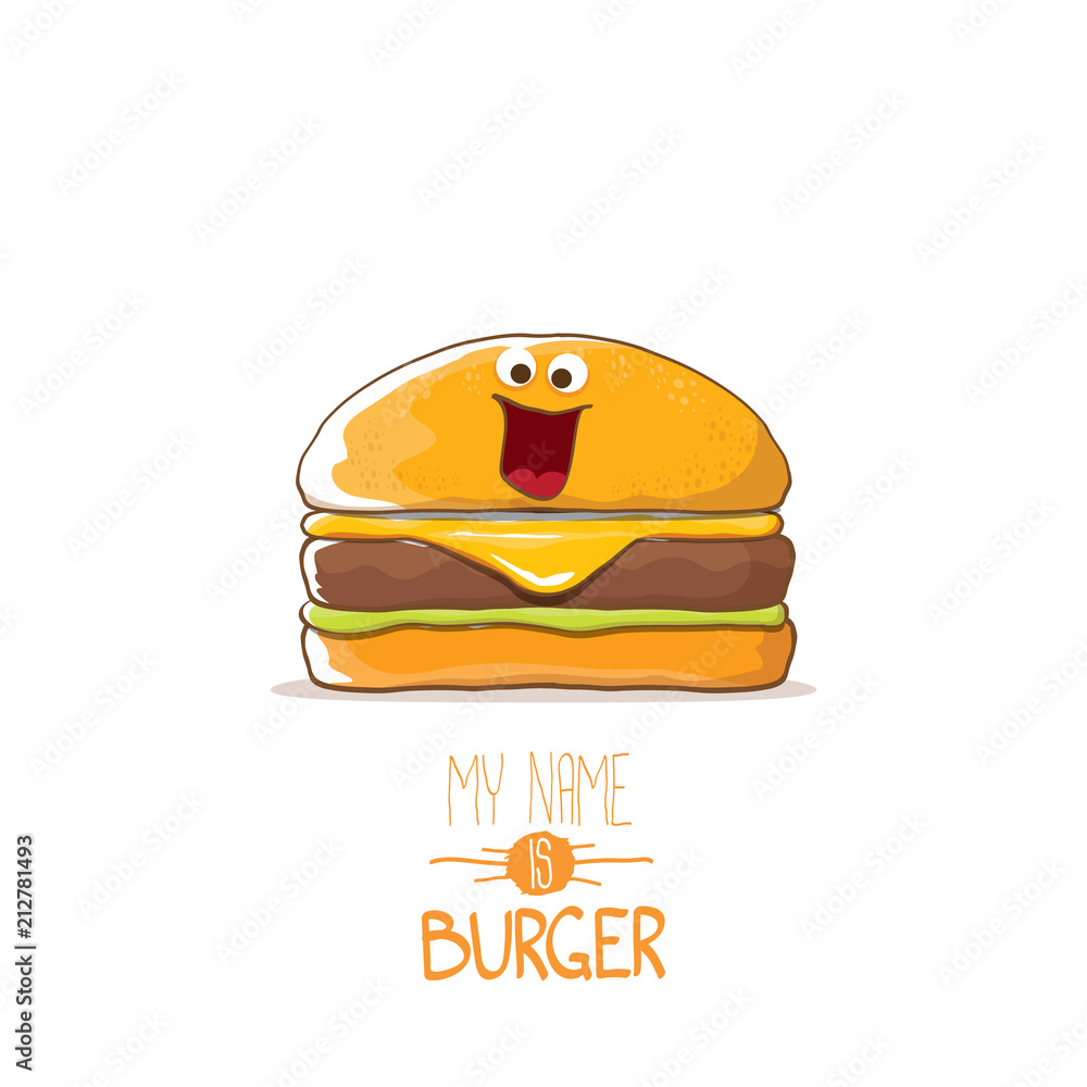 vector cartoon cute burger character with cheese, meat and salad icon isolated on white background. my name is burger vector concept illustration vector cartoon cute burger character with cheese, meat and salad icon isolated on white background. my name is burger vector concept illustration