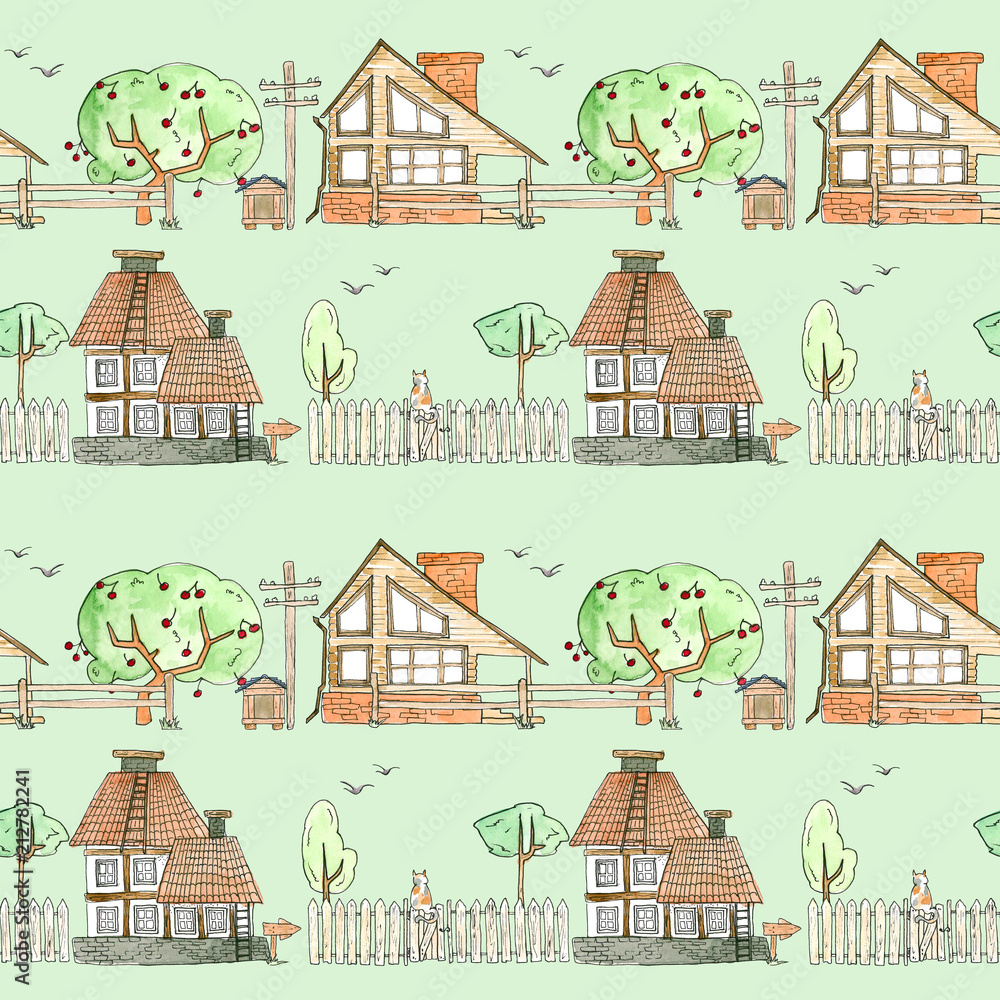 Seamless pattern with wooden houses, garden, trees and fence on a green background. watercolor. child's drawing.