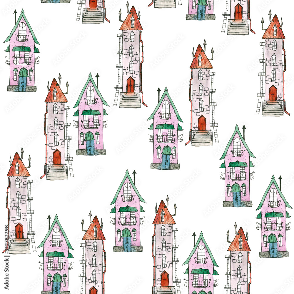 Seamless pattern with watercolor houses. Old city, streets, village. on a white background