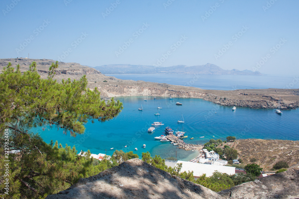 view of lindos harbor from acropolis on rhodes island