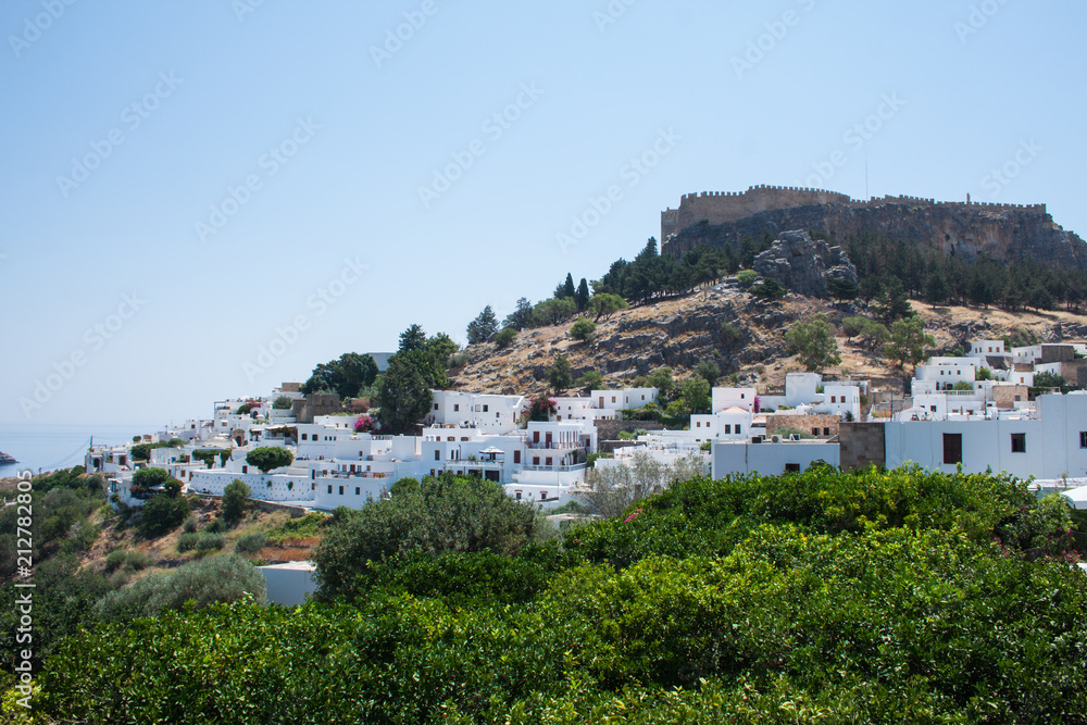 view of lindos city from acropolis on rhodes island