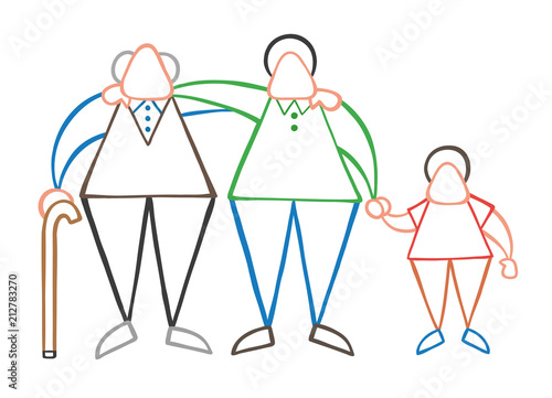 Vector cartoon old man standing with walking stick, hugging his son and grandson