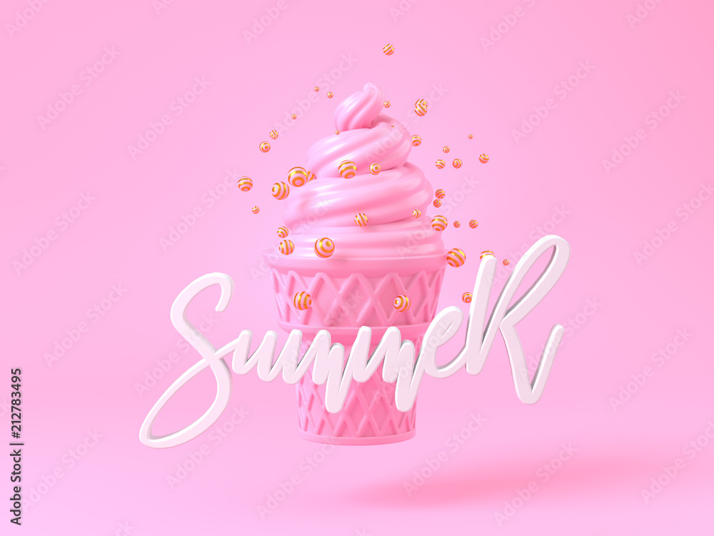 pink icecream with luxury stripe gold sphere to express sweetness of summer. pink sweet dessert on pink background. 3d render