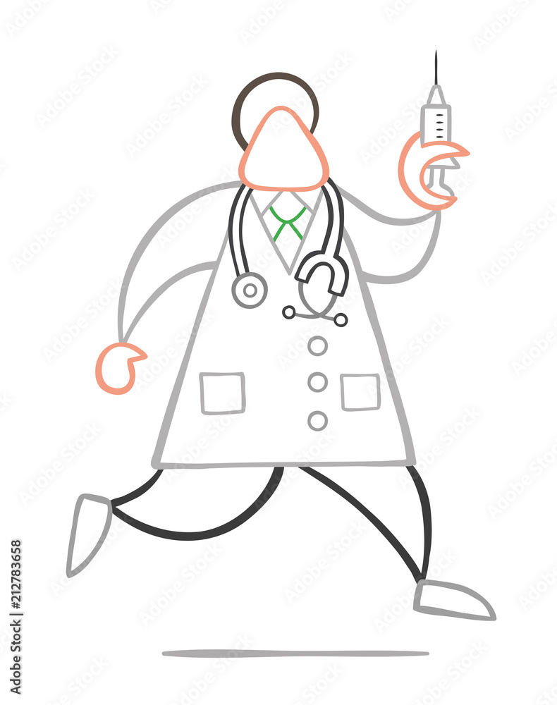 Vector cartoon doctor man with stethoscope and running, holding syringe ready for injection