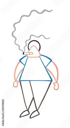 Vector cartoon man standing and smoking cigarette