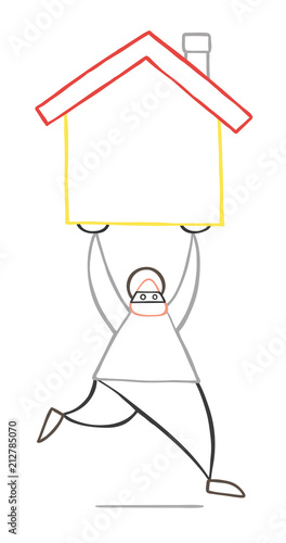 Vector cartoon thief man with face masked running and carrying house