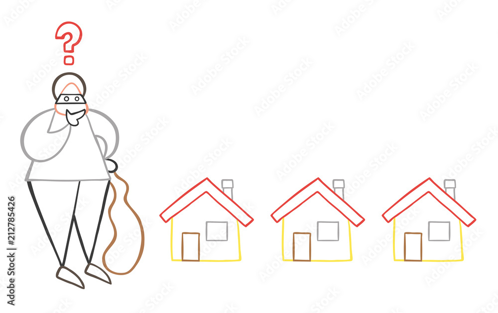 Vector cartoon thief man with face masked with sack and thinking which house to choose for theft Vector cartoon thief man with face masked with sack and thinking which house to choose for theft