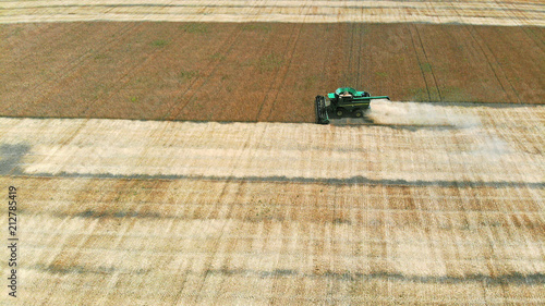 Harvester and wheat crop view above