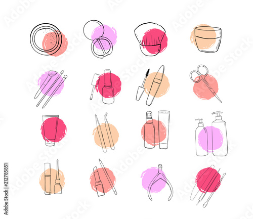 Icons beauty salon. A set of cosmetic make up products. Drawing hands in fashion style. Outline makeup