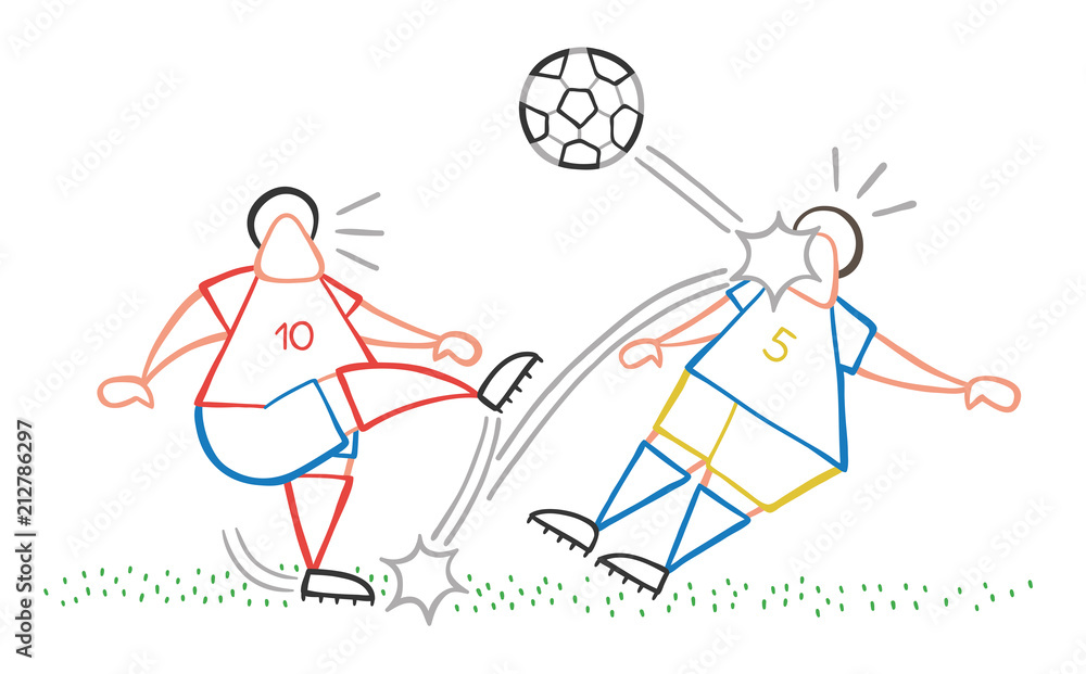 Obraz premium Vector cartoon soccer player man kicking ball and hitting other player's face