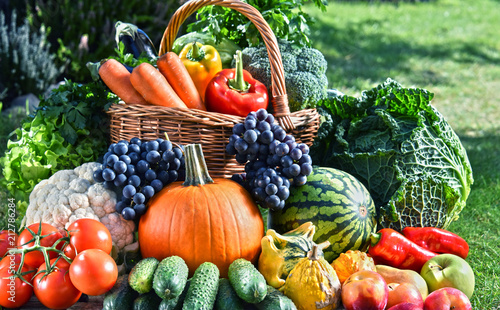 Variety of fresh organic vegetables and fruits in the garden