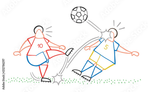 Vector cartoon soccer player man kicking ball and hitting other player's face