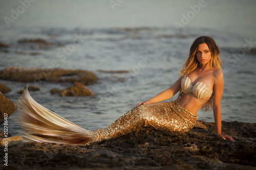 Beautiful mermaid sitting on a rock photo