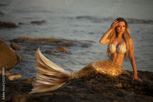 Fotografiet Beautiful mermaid sitting on a rock