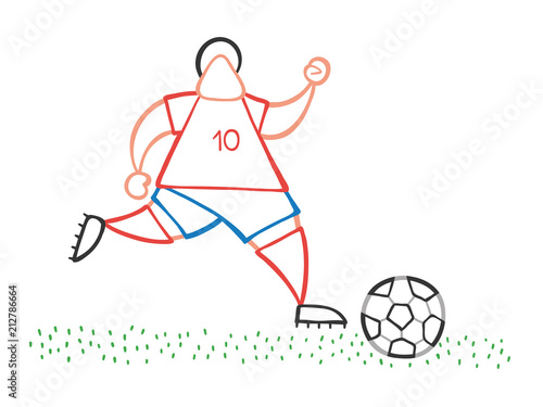 Vector cartoon soccer player man running and dribble ball on pitch