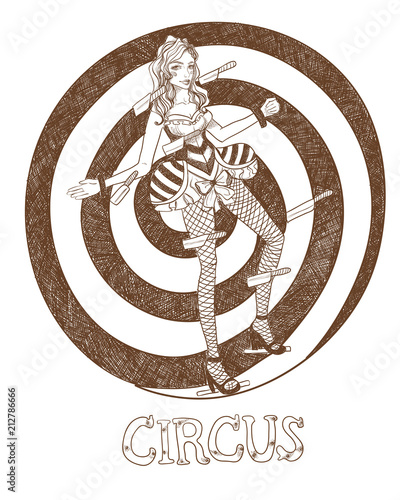 Circus knife thrower's board and girl assistant in a circus suit. Vector illustration on white background