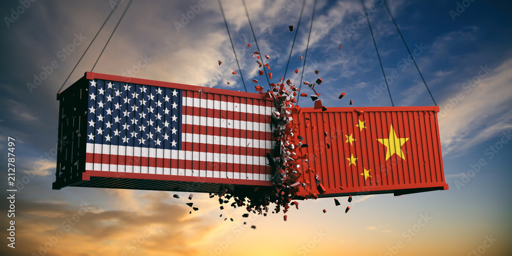 USA and China trade war. US of America and Chinese flags crashed containers on sky at sunset background. 3d illustration - obrazy, fototapety, plakaty 