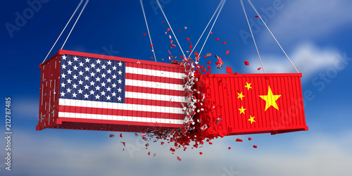 USA and China trade war. US of America and chinese flags crashed containers on blue sky background. 3d illustration
