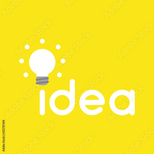 Vector icon concept of idea word with glowing light bulb on yellow background