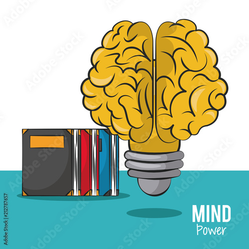 Mind power and brain light bulb with books vector illustration graphic design