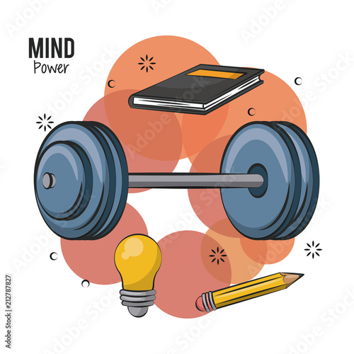 Mind power with weights and book with bulb vector illustration graphic design