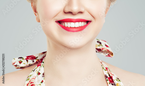 Happy Female Smile with White Teeth. Lips with Red Lipstick