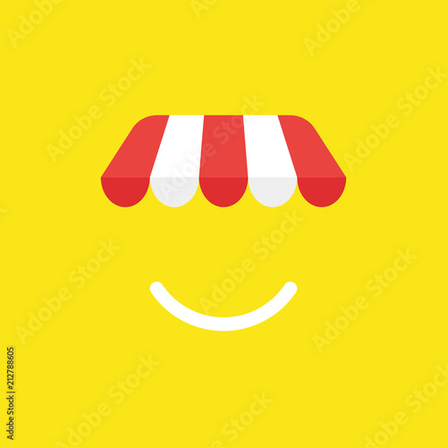 Vector icon concept of shop store awning with smiling mouth on yellow background