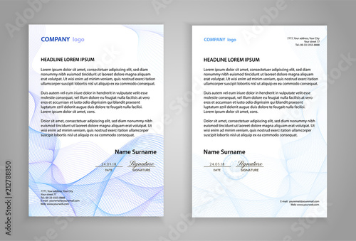 Letterhead template (printable business letter layout). Modern examples of corporate identity design pages. Company paper mockup image with guilloche lines. White background with official blue pattern