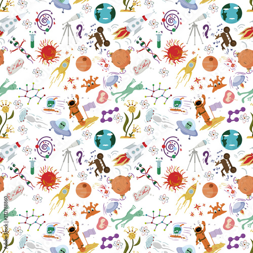 seamless pattern of childrens drawings in flat style on space theme