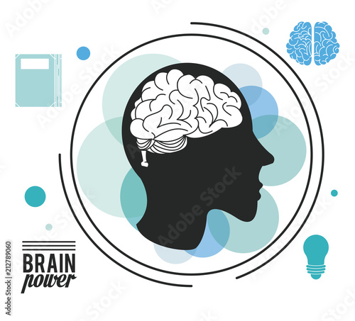 Brain power head silhouette and books vector illustration graphic design