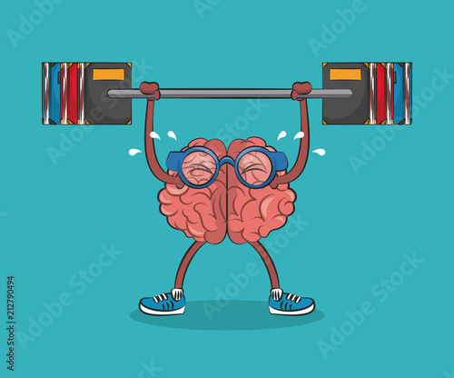 Cute and funny brain lifting books cartoon vector illustration graphic design