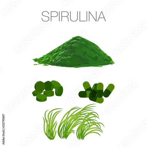 Set of spirulina algae, tablets, pills, powder and cells