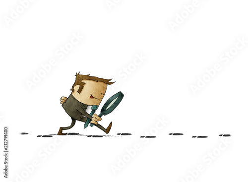 businessman with a magnifying glass investigate suspicious footprints. isolated