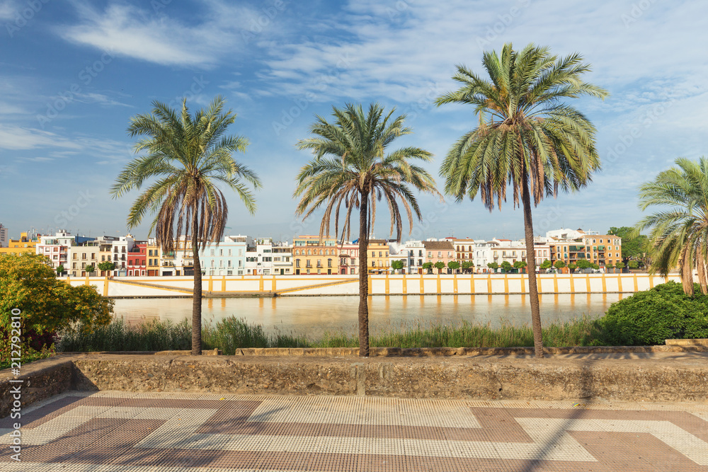 Seville, Spain,  Waterfront view to the historic architecture of the Triana district