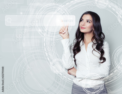 Business woman pointing to empty address bar in virtual web browser. Seo, internet marketing and advertising marketing concept
