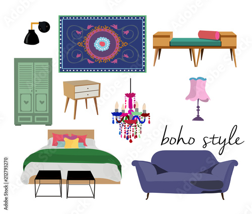 bohemian style furniture set interior design collection.colorful bright cute elements.bed, rug, sofa, pendant, lamp, seat, wardrobe.modern vintage retro scandinavian danish