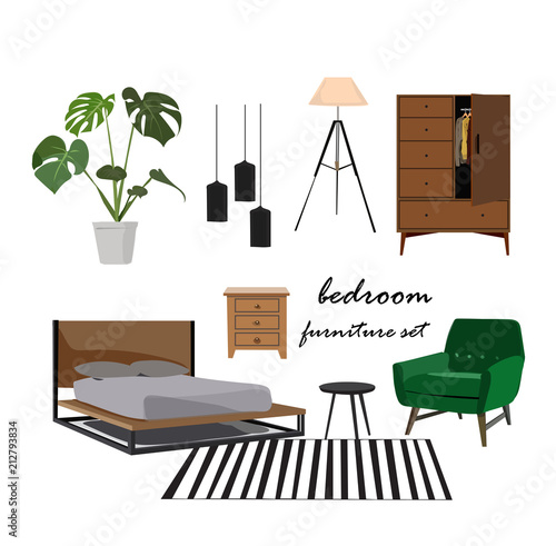 bedroom furniture set. Interior design home elements collection.mood board, designer, danish, scandinavian, modern, realistic.bed, plant, tripod lamp, armchair, rug.contemporary botanical style.