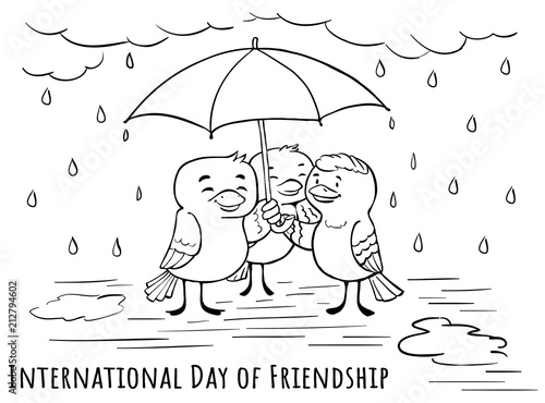 Greeting doodle card Day of friendship - under umbrells with friends together photo