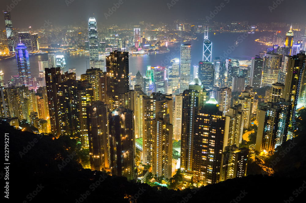 Aerial view of Hong Kong at night from Victoria Peak