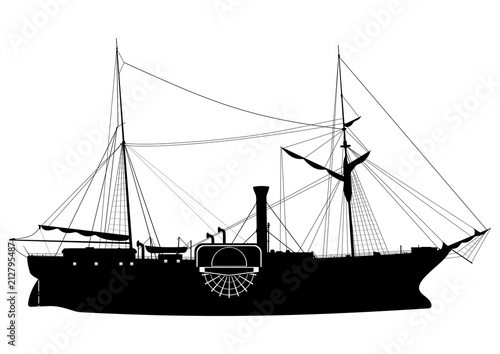 Steamship. Silhouette of a paddle steamer on a white background.Side view. Flat vector.