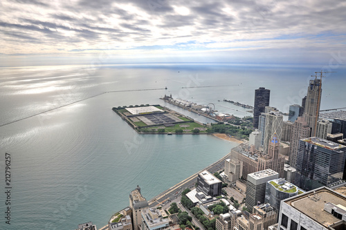 An aerial image of the Chicago  Illinois skyline.