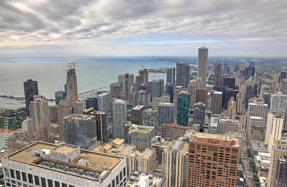An aerial image of the Chicago, Illinois skyline.