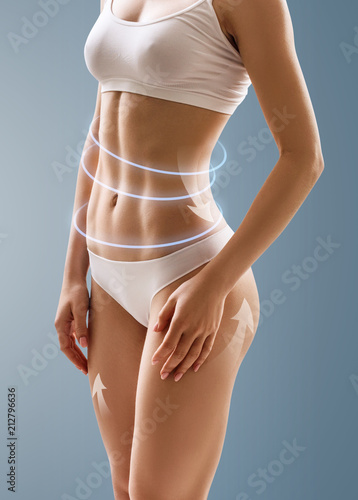 Canvas Print Muscular young woman athlete with lifting arrows on body.